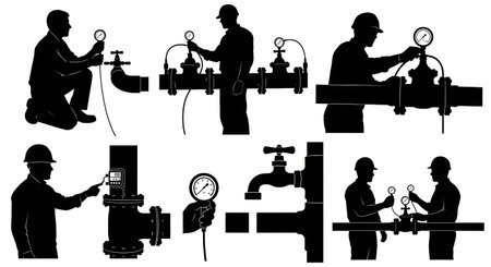Black Solid Water Engineer Gauge Silhouettes Set of Six on White Background isolated on plain white background.のイラスト素材
