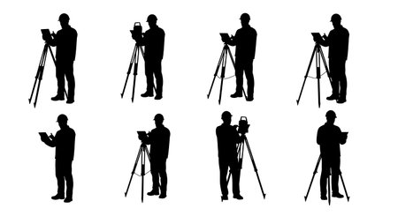 Black Solid Surveyor Tablet Data Silhouettes Set of Six on White Background isolated on plain white background.のイラスト素材
