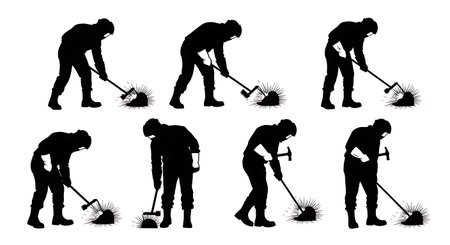 Black Solid Welder Wire Brush Cleaning Silhouettes Set of Six on White Background isolated on plain white background.のイラスト素材