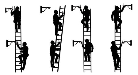 Black Solid Welder Climbing Ladder Silhouettes Set of Six on White Background isolated on plain white background.のイラスト素材