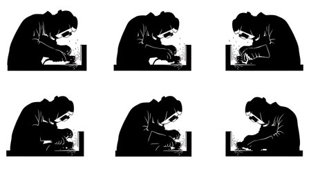 Black Solid Welder Grinding and Inspecting Silhouettes Set of Six on White Background isolated on plain white background.のイラスト素材