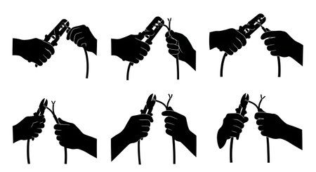 Black Solid Wire Stripping Action Silhouettes Set of Six on White Background isolated on plain white background.のイラスト素材