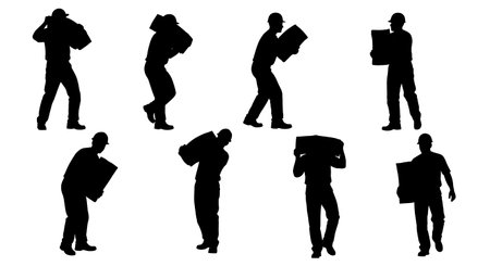 Black Solid Worker Carrying Cement Silhouettes Set of Six on White Background isolated on plain white background.のイラスト素材