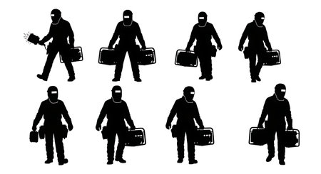 Black Solid Welder Portable Generator Silhouettes Set of Six on White Background isolated on plain white background.のイラスト素材