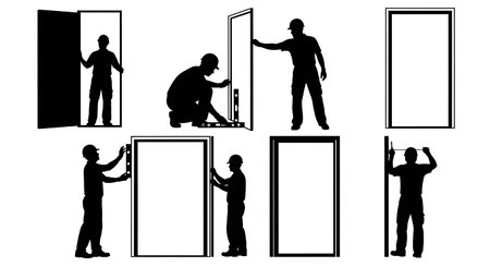 Black Solid Worker Fitting Door Silhouettes Set of Six on White Background isolated on plain white background.のイラスト素材