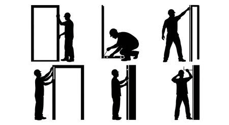 Black Solid Worker Carrying Rubble Silhouettes Set of Six on White Background isolated on plain white background.のイラスト素材