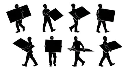 Black Solid Worker Carrying Drywall Silhouettes Set of Six on White Background isolated on plain white background.のイラスト素材