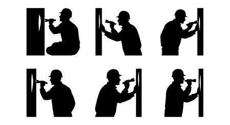 Black Solid Worker Flashlight Inspection Silhouettes Set of Six on White Background isolated on plain white background.のイラスト素材