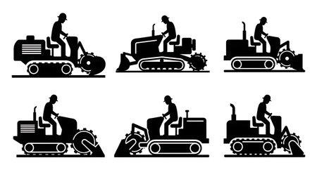 Black Solid Trenching Machine Operator Silhouettes Set of Six on White Background isolated on plain white background.のイラスト素材