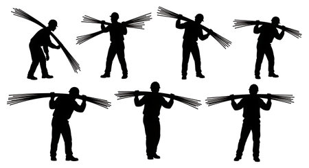 Black Solid Worker Carrying Rebar Silhouettes Set of Six on White Background isolated on plain white background.のイラスト素材