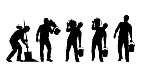 Black Solid Worker Carrying Rubble Silhouettes Set of Six on White Background isolated on plain white background.のイラスト素材