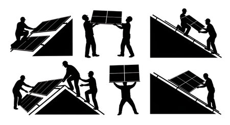 Black Solid Worker Solar Panel Silhouettes Set of Six on White Background isolated on plain white background.のイラスト素材