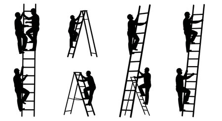 Black Solid Worker Climbing Ladder Silhouettes Set of Six on White Background isolated on plain white background.のイラスト素材