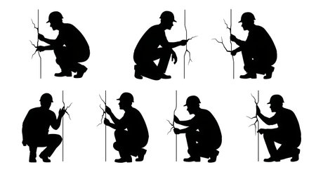 Black Solid Worker Examining Crack Silhouettes Set of Six on White Background isolated on plain white background.のイラスト素材