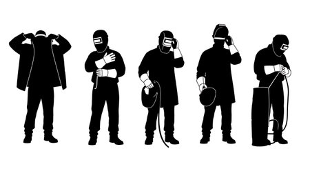 Black Solid Welder Dressing Protective Gear Silhouettes Set of Six on White Background isolated on plain white background.のイラスト素材