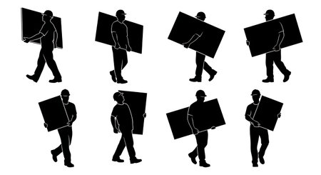 Black Solid Worker Carrying Drywall Silhouettes Set of Six on White Background isolated on plain white background.のイラスト素材