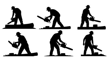 Black Solid Worker Chainsaw Silhouettes Set of Six on White Background isolated on plain white background.のイラスト素材