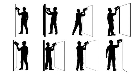 Black Solid Worker Staple Gun Silhouettes Set of Six on White Background isolated on plain white background.のイラスト素材