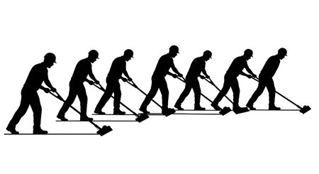Black Solid Worker Floor Scraper Silhouettes Set of Six on White Background isolated on plain white...