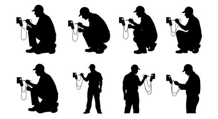 Black Solid Worker Multimeter Test Silhouettes Set of Six on White Background isolated on plain white background.のイラスト素材