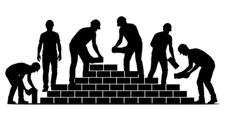 Black Solid Worker Stacking Bricks Silhouettes Set of Six on White Background isolated on plain white background.のイラスト素材