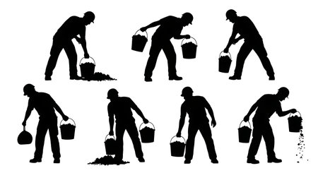Black Solid Worker Carrying Rubble Silhouettes Set of Six on White Background isolated on plain white background.のイラスト素材