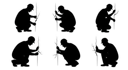 Black Solid Worker Examining Crack Silhouettes Set of Six on White Background isolated on plain white background.のイラスト素材