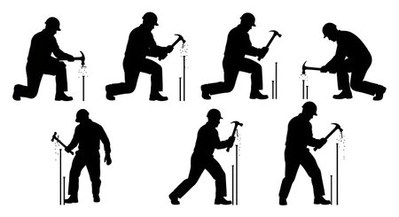 Black Solid Worker Pulling Nail Silhouettes Set of Six on White Background isolated on plain white background.のイラスト素材