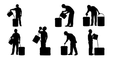 Black Solid Worker Drinking Water Silhouettes Set of Six on White Background isolated on plain white background.のイラスト素材