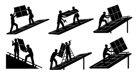 Black Solid Worker Solar Panel Silhouettes Set of Six on White Background isolated on plain white background.のイラスト素材