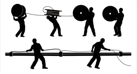 Black Solid Wire Pulling Electrician Silhouettes Set of Six on White Background isolated on plain white background.のイラスト素材