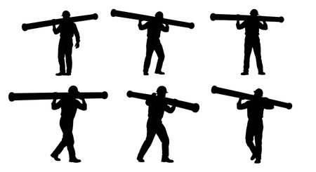 Black Solid Worker Carrying Pipe Silhouettes Set of Six on White Background isolated on plain white background.のイラスト素材