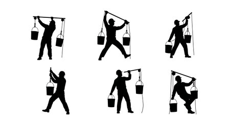 Black Solid Worker Hoisting Bucket Silhouettes Set of Six on White Background isolated on plain white background.のイラスト素材