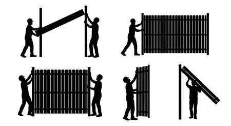 Black Solid Worker Fence Install Silhouettes Set of Six on White Background isolated on plain white background.のイラスト素材