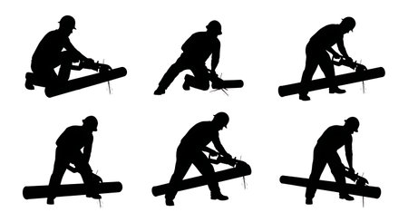 Black Solid Worker Reciprocating Saw Silhouettes Set of Six on White Background isolated on plain white background.のイラスト素材