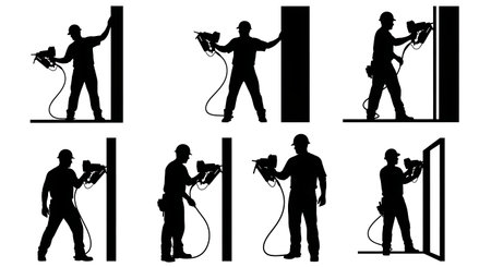 Black Solid Worker Nail Gun Silhouettes Set of Six on White Background isolated on plain white background.のイラスト素材