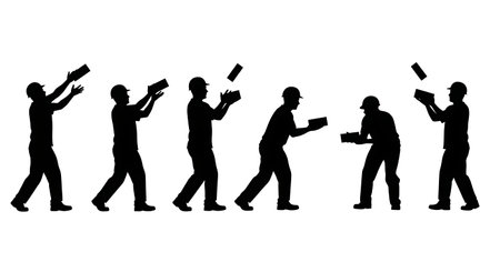 Black Solid Worker Passing Bricks Silhouettes Set of Six on White Background isolated on plain white background.のイラスト素材