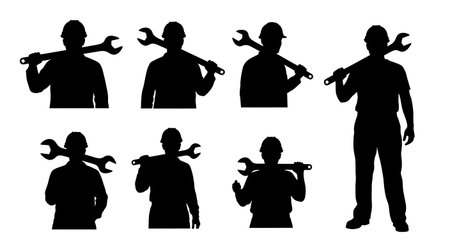 Black Solid Worker Wrench Shoulder Silhouettes Set of Six on White Background isolated on plain white background.のイラスト素材