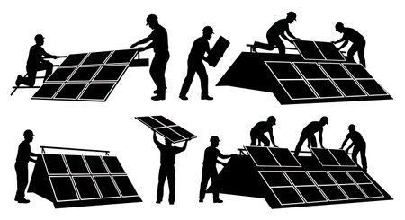 Black Solid Worker Solar Panel Silhouettes Set of Six on White Background isolated on plain white background.のイラスト素材