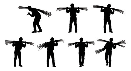 Black Solid Worker Carrying Rebar Silhouettes Set of Six on White Background isolated on plain white background.のイラスト素材