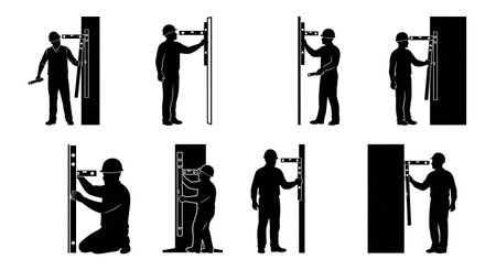 Black Solid Worker Spirit Level Silhouettes Set of Six on White Background isolated on plain white background.のイラスト素材