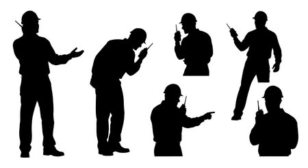 Black Solid Worker Walkie Talkie Silhouettes Set of Six on White Background isolated on plain white background.のイラスト素材