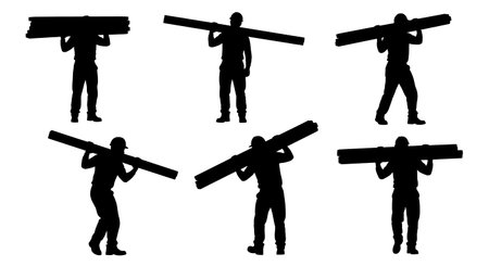 Black Solid Worker Carrying Lumber Silhouettes Set of Six on White Background isolated on plain white background.のイラスト素材