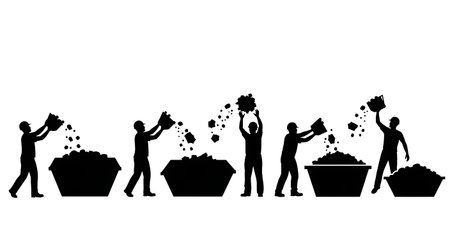 Black Solid Worker Throwing Debris Silhouettes Set of Six on White Background isolated on plain white background.のイラスト素材