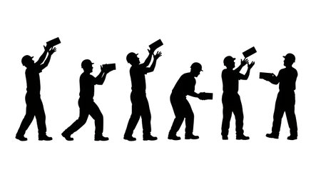 Black Solid Worker Chalk Line Silhouettes Set of Six on White Background isolated on plain white background.のイラスト素材