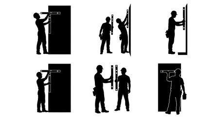 Black Solid Worker Spirit Level Silhouettes Set of Six on White Background isolated on plain white background.のイラスト素材