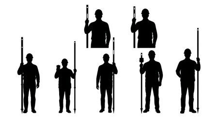 Black Solid Surveyor Leveling Rod Silhouettes Set of Six on White Background isolated on plain white background.のイラスト素材