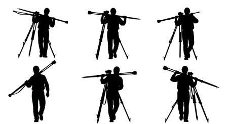 Black Solid Surveyor Carrying Tripod Silhouettes Set of Six on White Background isolated on plain white background.のイラスト素材