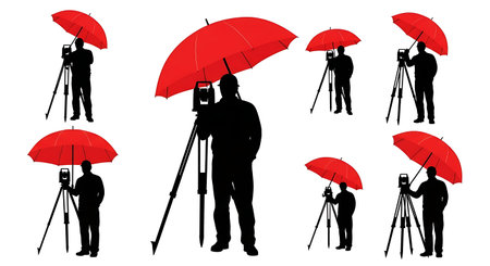 Black Solid Surveyor Red Umbrella Silhouettes Set of Six on White Background isolated on plain white background.のイラスト素材