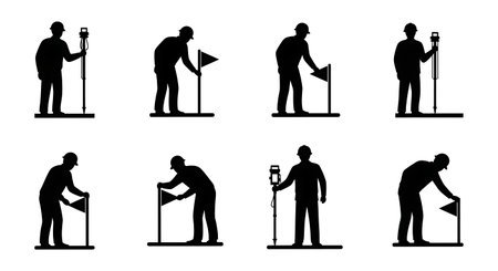 Black Solid Surveyor Marker Flag Silhouettes Set of Six on White Background isolated on plain white background.のイラスト素材
